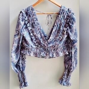 For Love & Lemons Blouse Crop Top Janelle Boho Ruffle V-Neck CT-1770 Blu/Wht/Prp